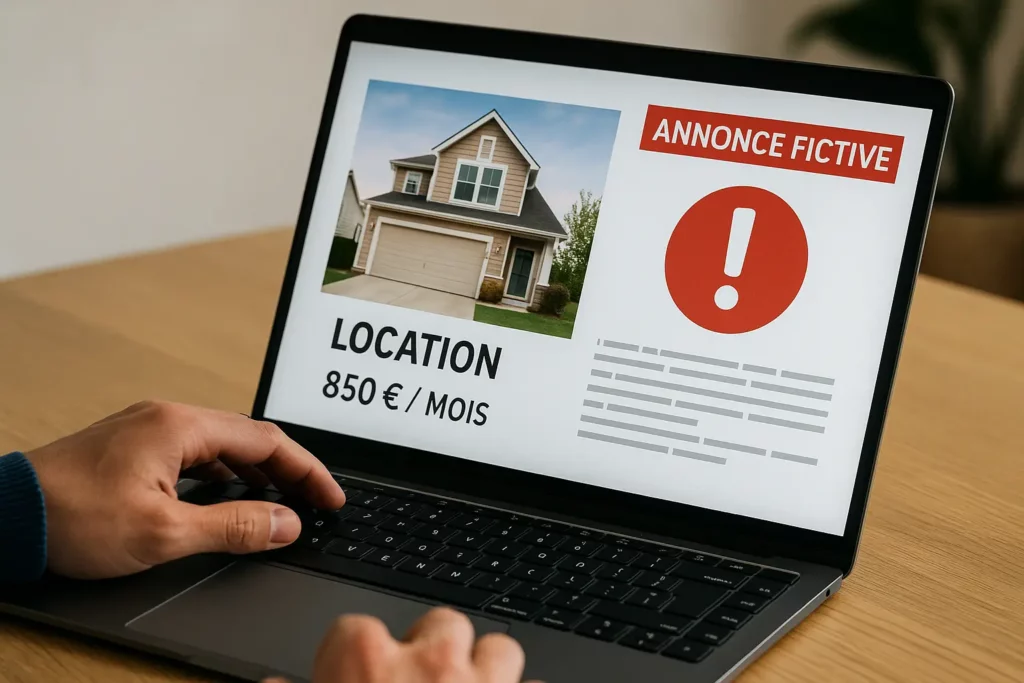 Personne regardant une fausse annonce de location sur un ordinateur avec la mention « ANNONCE FICTIVE » et un pictogramme d’alerte rouge.