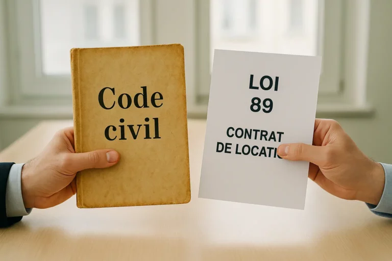 Deux mains comparent un Code civil et un contrat de location loi 89, illustrant les différences entre les deux types de bail en immobilier locatif.