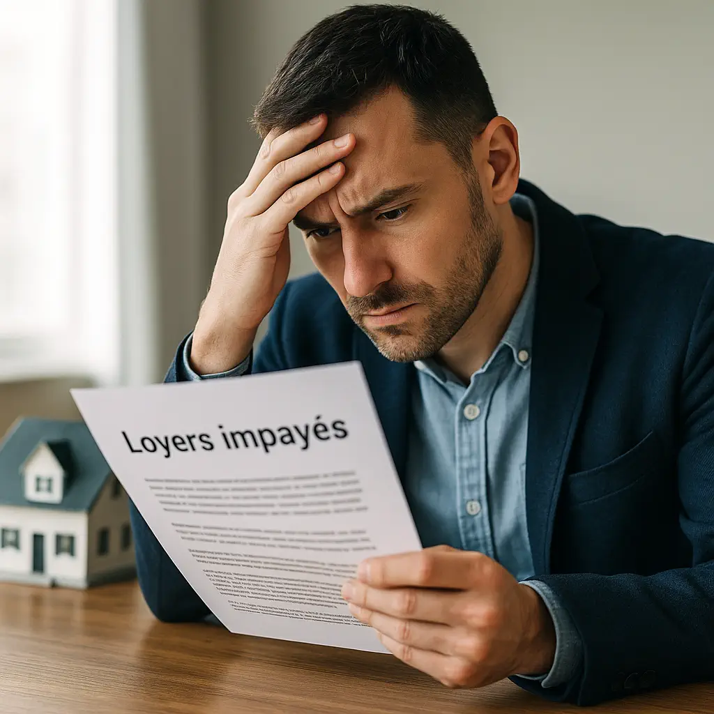 Homme inquiet consultant un avis de loyers impayés à son bureau Commissaire de justice notifiant une saisie sur rémunérations Réforme 2025 de la saisie sur rémunérations en matière locative : ce que les bailleurs doivent savoir