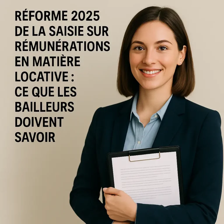 Femme souriante en tenue professionnelle tenant un dossier, avec en fond le titre "Réforme 2025 de la saisie sur rémunérations en matière locative : ce que les bailleurs doivent savoir"