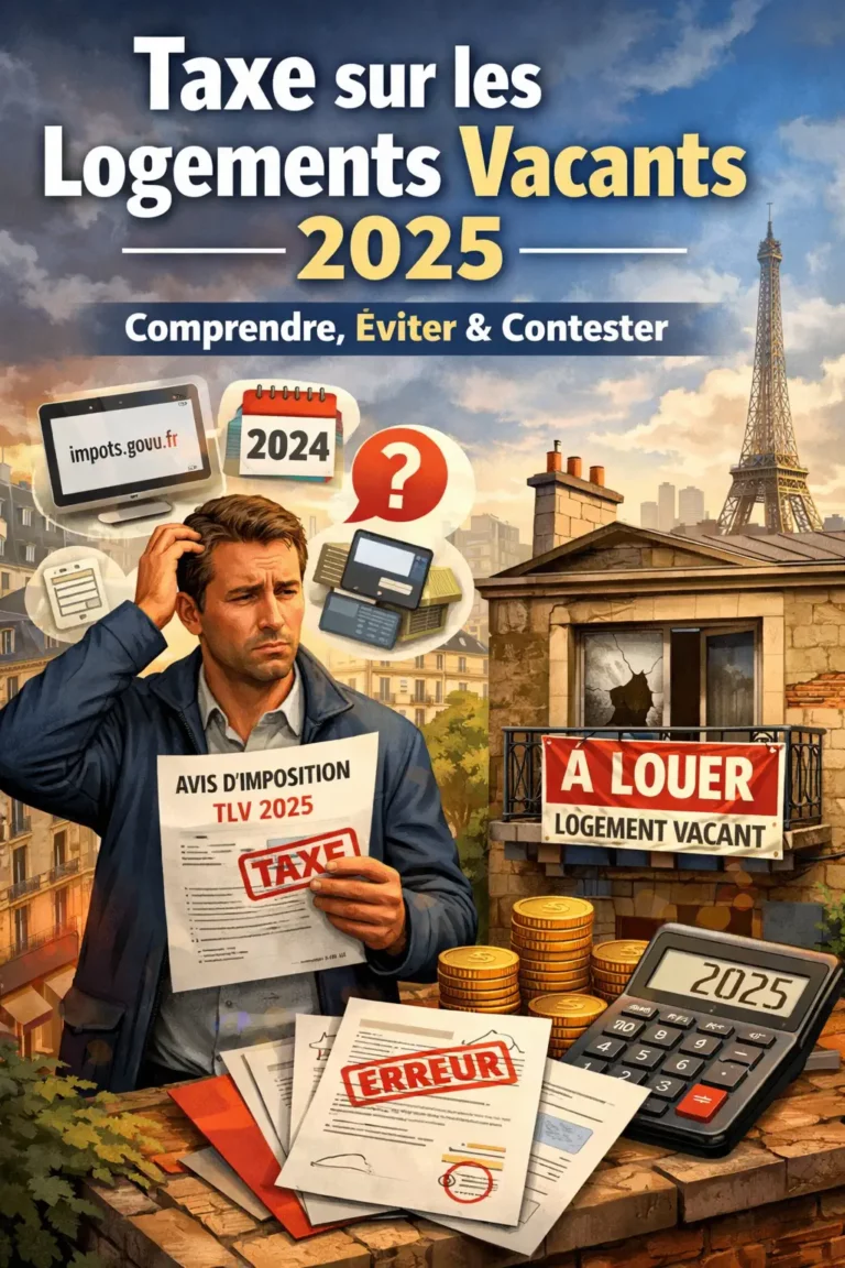 Illustration d’un propriétaire à Paris recevant un avis d’imposition TLV 2025, avec mention “erreur” et logement “à louer”.