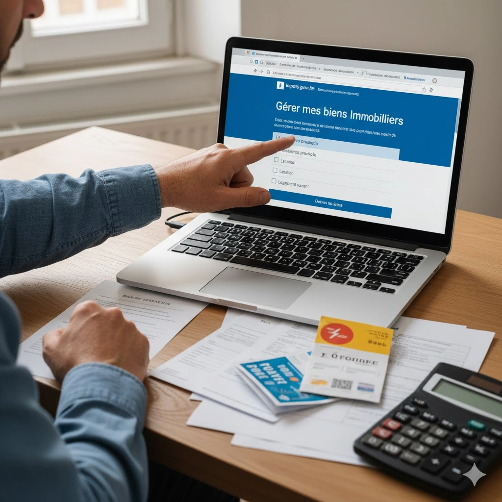 Main pointant l’écran d’un ordinateur affichant “Gérer mes biens immobiliers” sur impots.gouv.fr, avec documents administratifs et calculatrice sur un bureau.