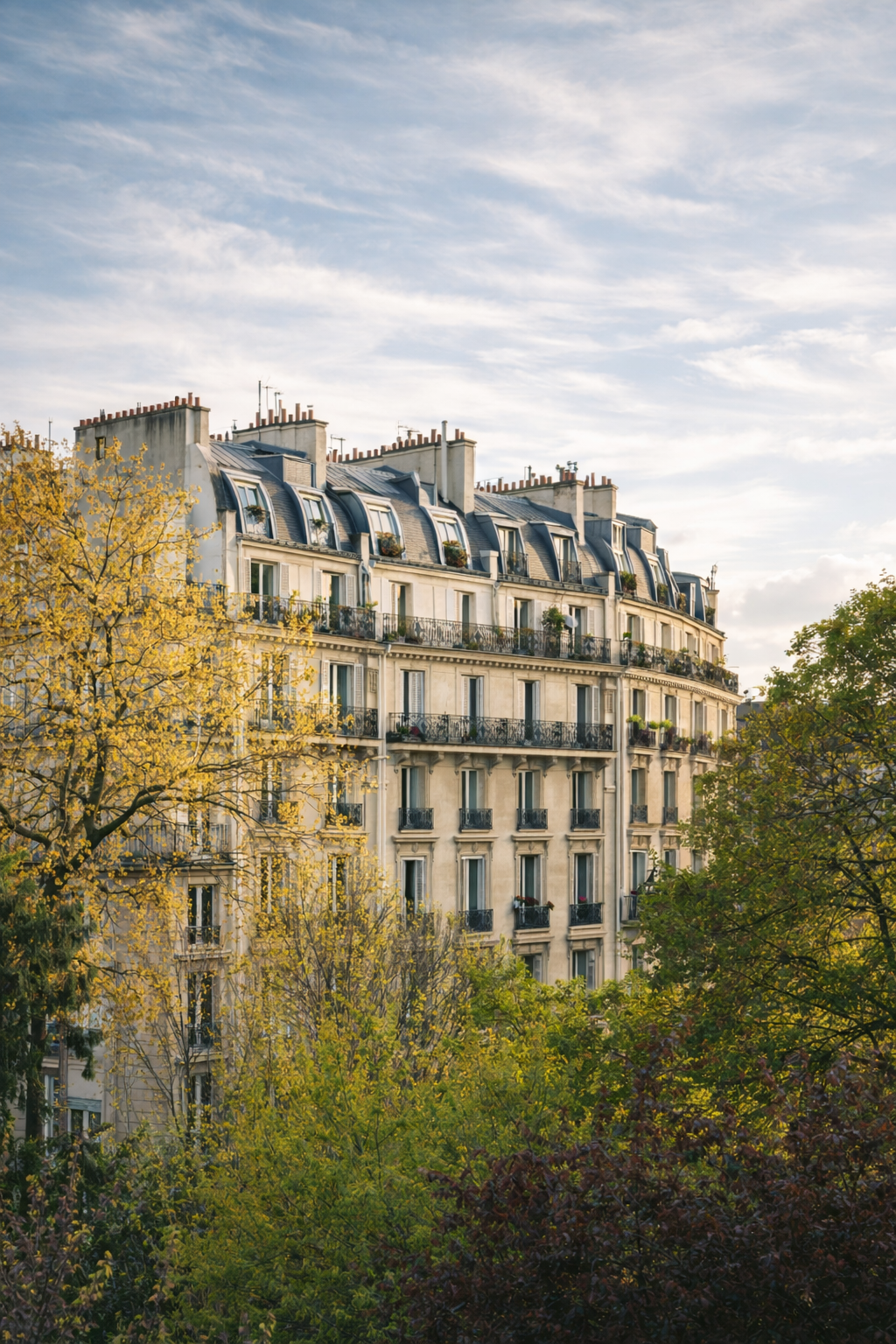 Toits haussmanniens de Paris avec arbres au premier plan