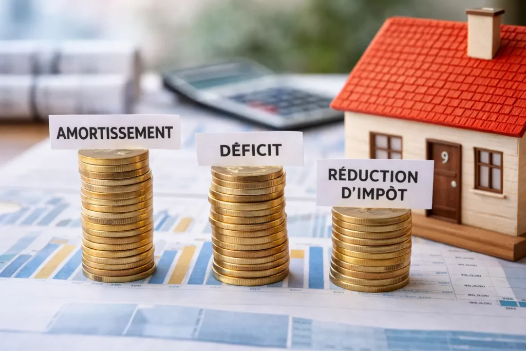 Piles de pièces en euros devant une maison miniature et des documents financiers, illustrant l’amortissement et le déficit en investissement locatif.