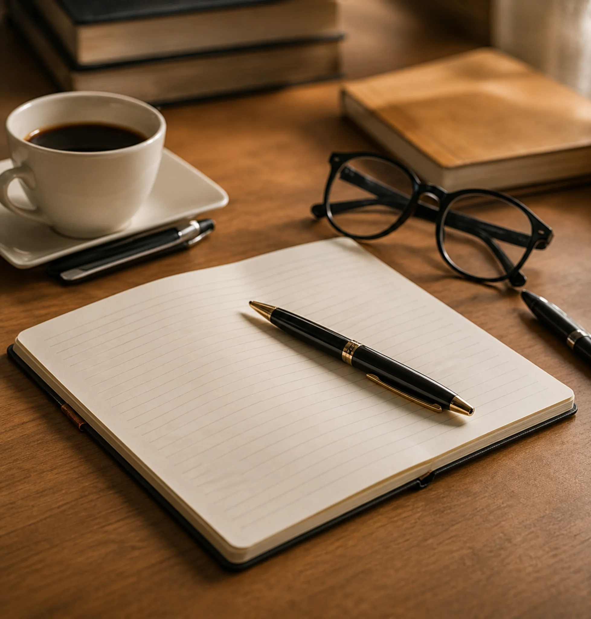 Carnet, café et lunettes pour préparer une estimation immobilière