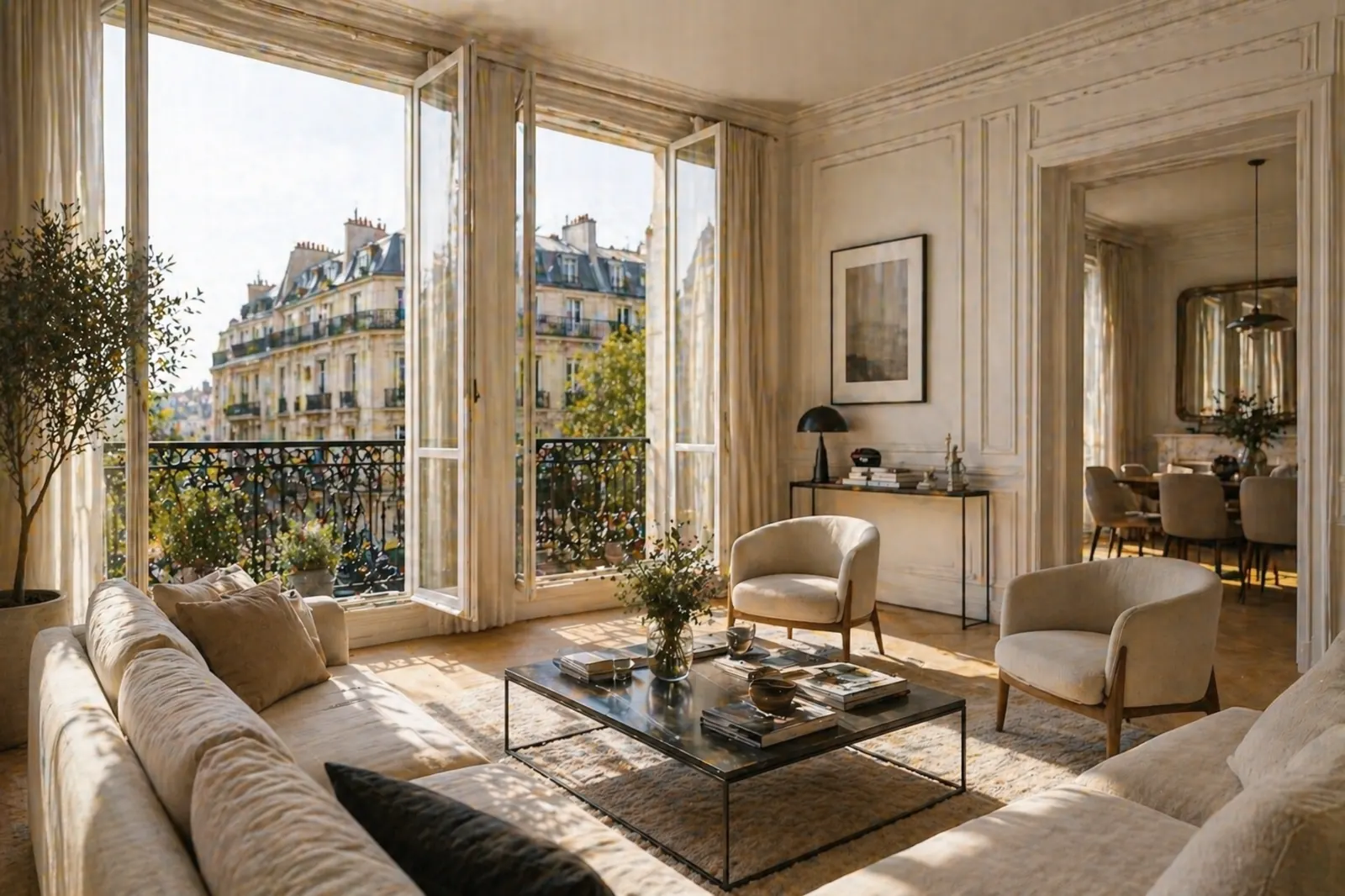 Grand salon haussmannien lumineux à Paris pour une mise en location