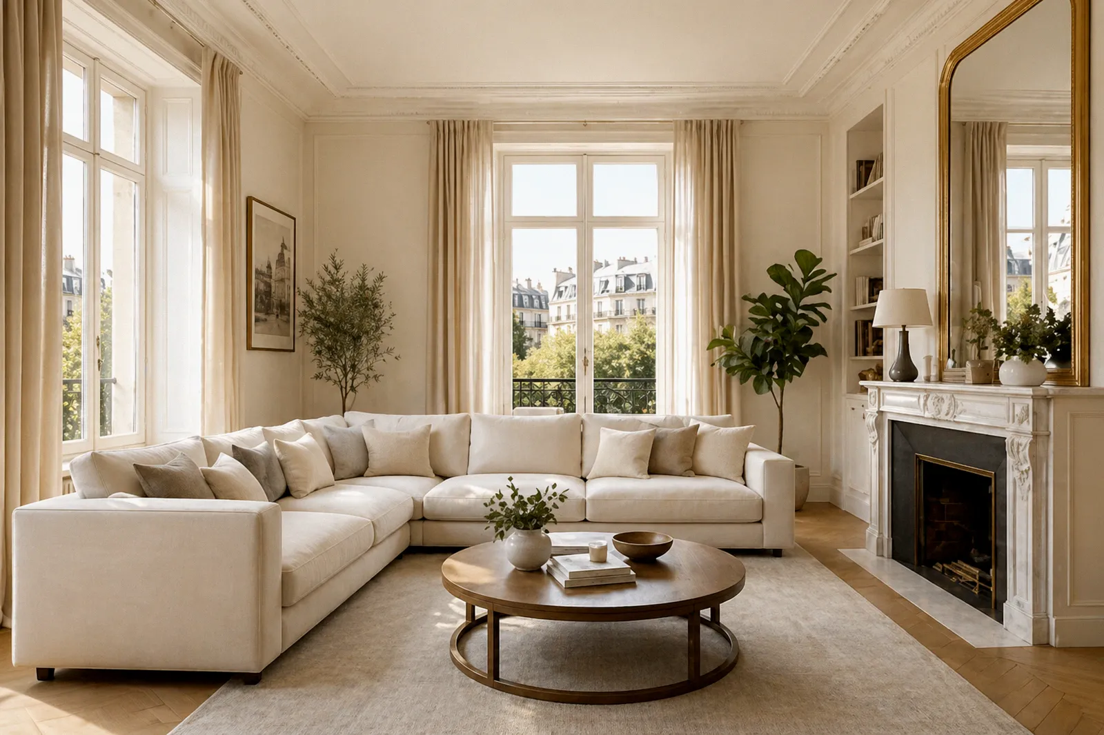 Salon lumineux dans un appartement parisien haut de gamme
