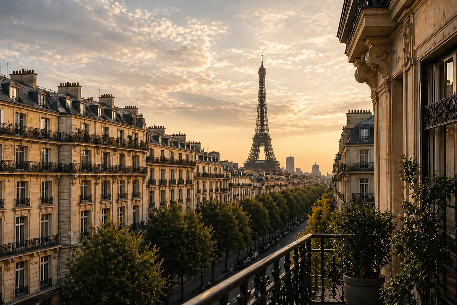 Vue depuis un balcon haussmannien à Paris avec la Tour Eiffel au loin pour une estimation immobilière