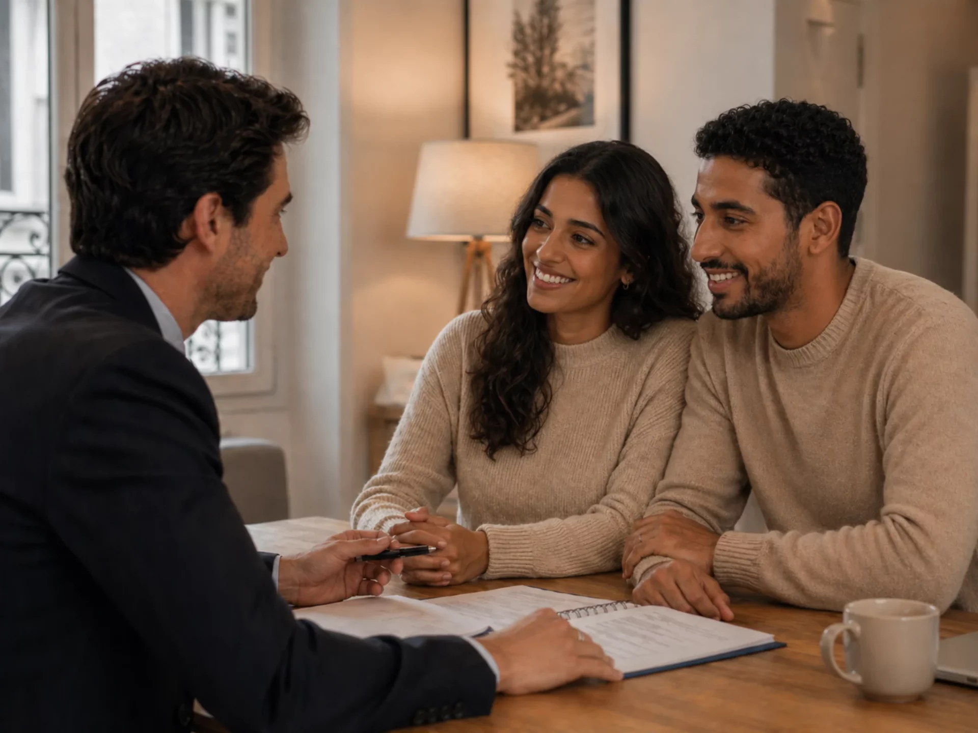 Couple de candidats locataires échangeant avec un agent immobilier autour d’un dossier de location