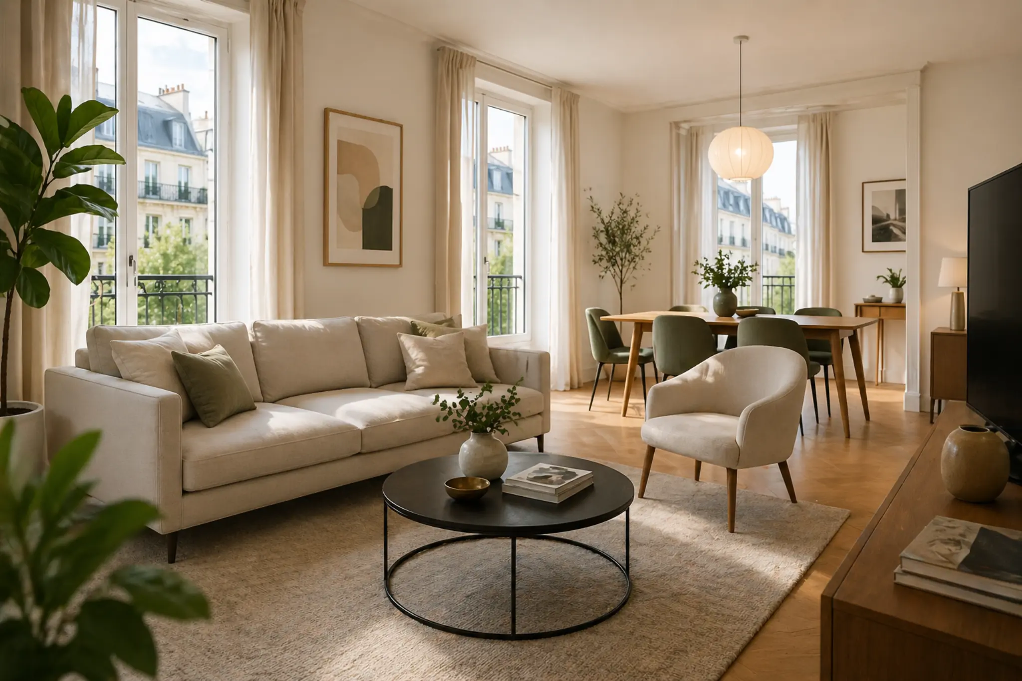 Salon lumineux et élégant d’un appartement parisien avec canapé, table basse et espace salle à manger