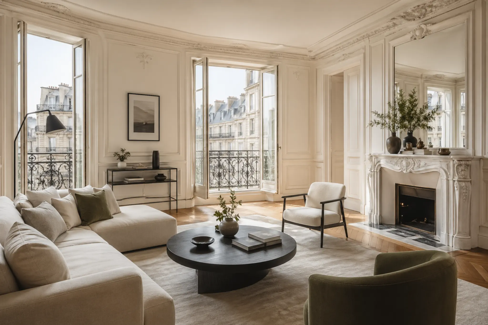 Grand salon haussmannien lumineux avec cheminée, balcon et vue sur des immeubles parisiens