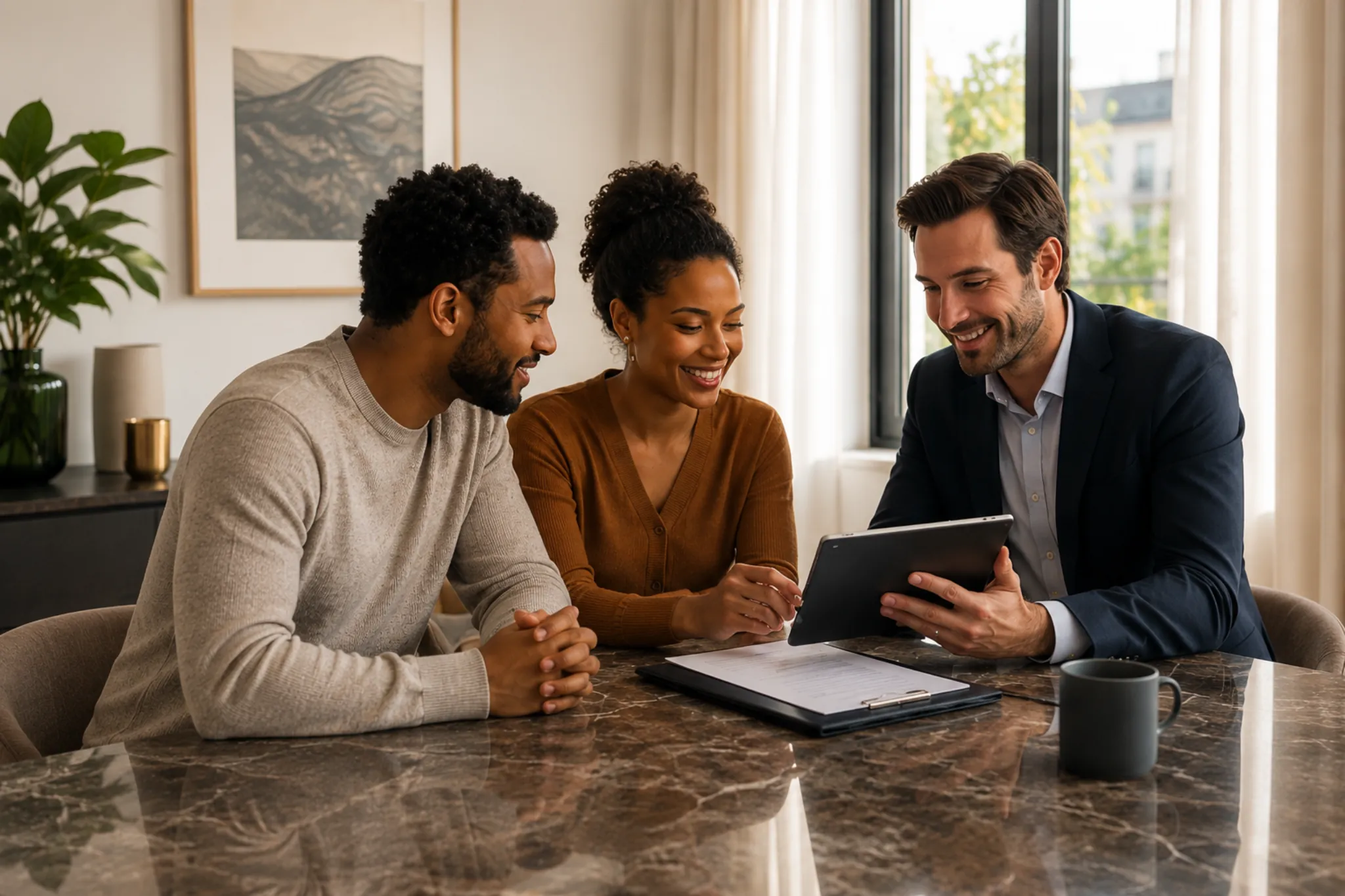 Échange autour d’un projet immobilier avec un conseiller et des clients