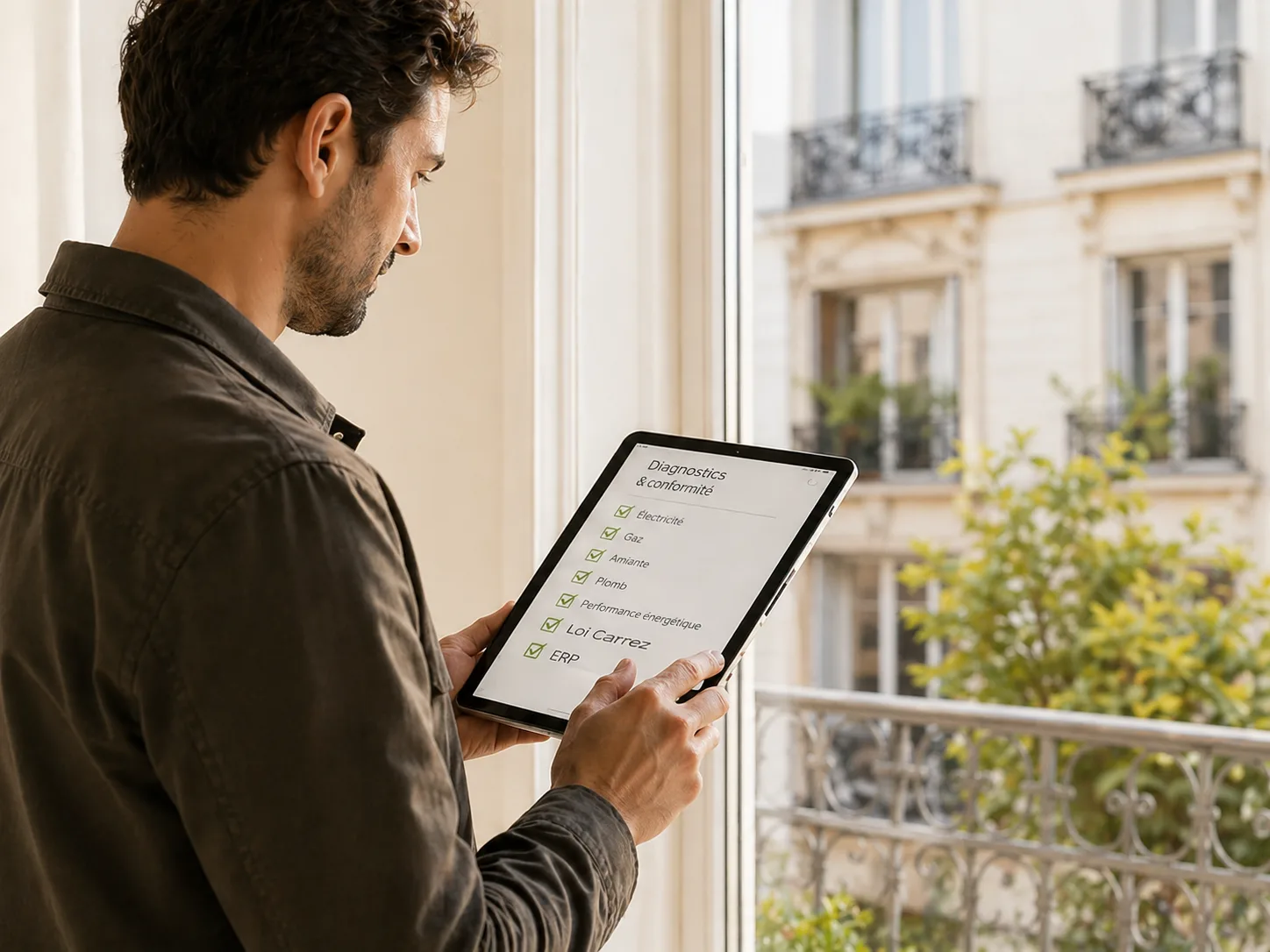 Tablette et documents de diagnostic immobilier pour vérifier la conformité d’un bien