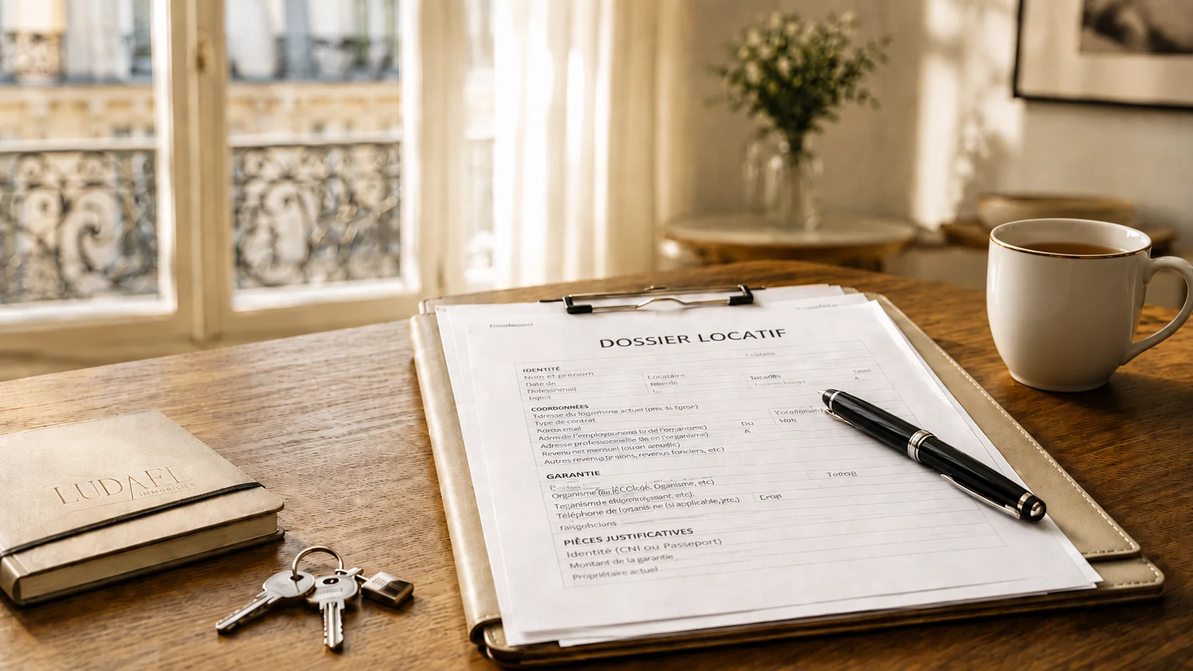 Blog location immobilière avec dossier locatif, clés et stylo pour louer un bien à Paris