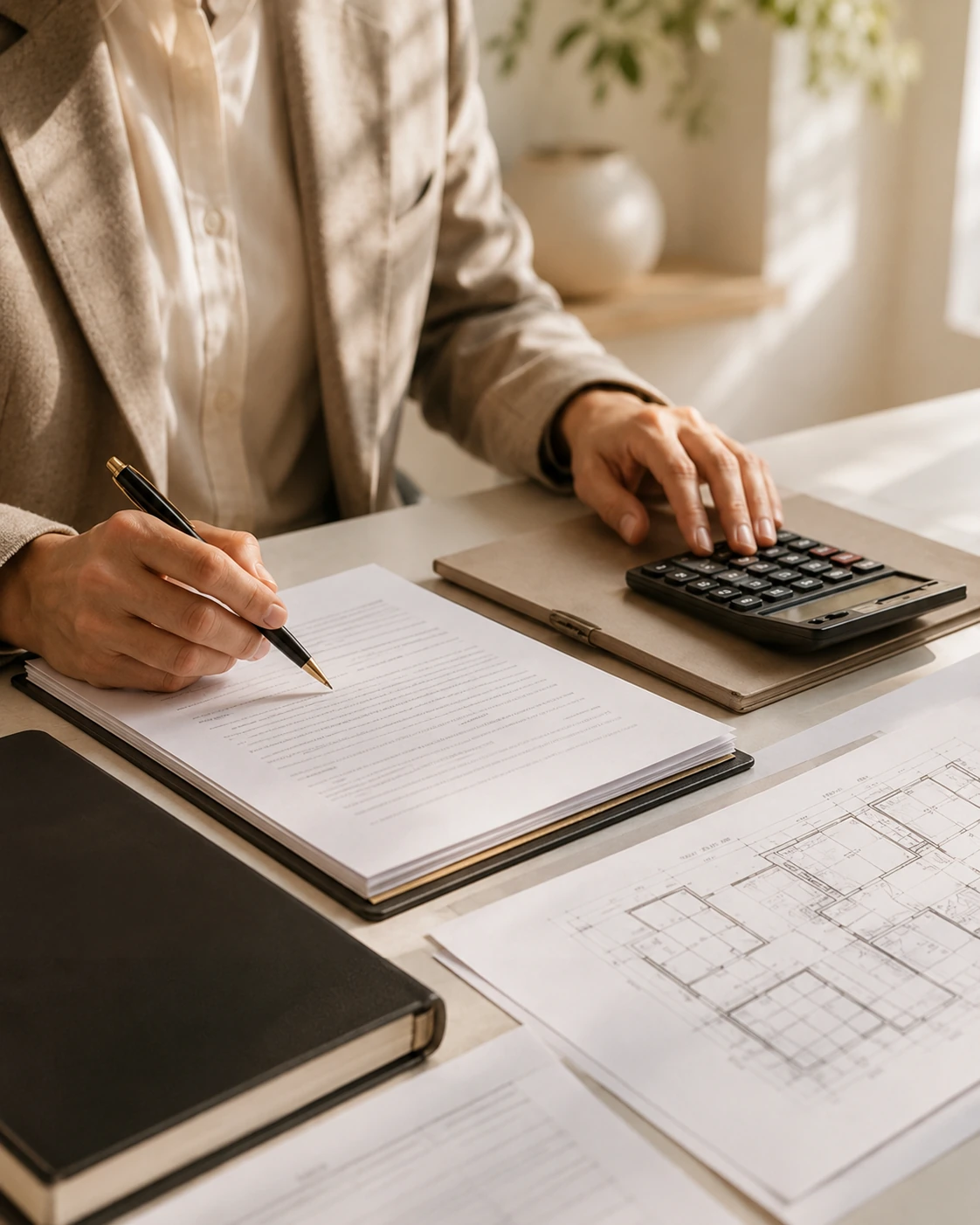 Rendez-vous d’estimation immobilière avec calculatrice, plan et analyse de prix à Paris