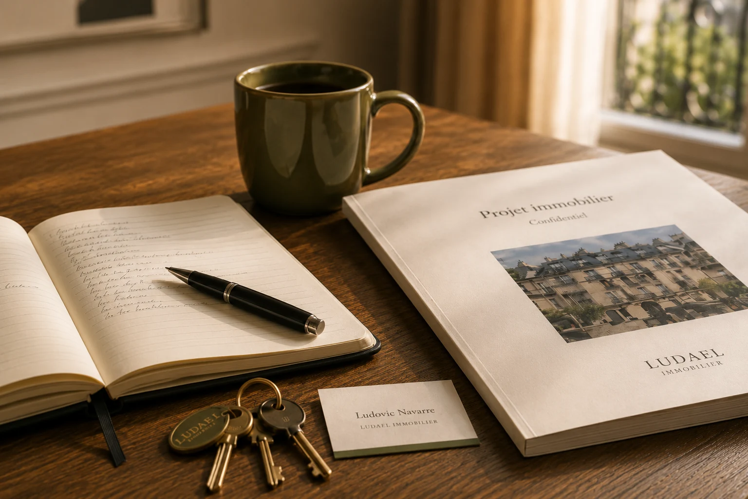 Carnet, stylo, clés et dossier LUDAEL Immobilier dans un intérieur parisien pour recommander l’agence