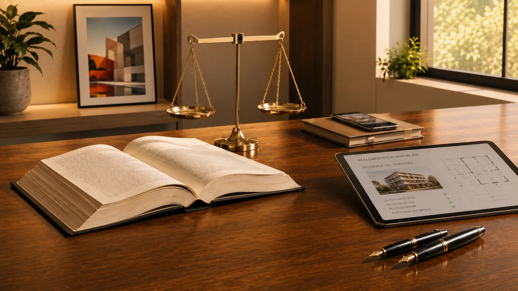 Réglementation immobilière avec balance, livre juridique et document immobilier