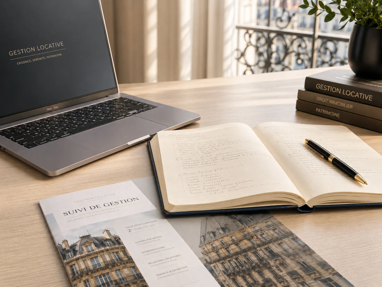 Bureau avec documents de gestion locative et carnet de suivi
