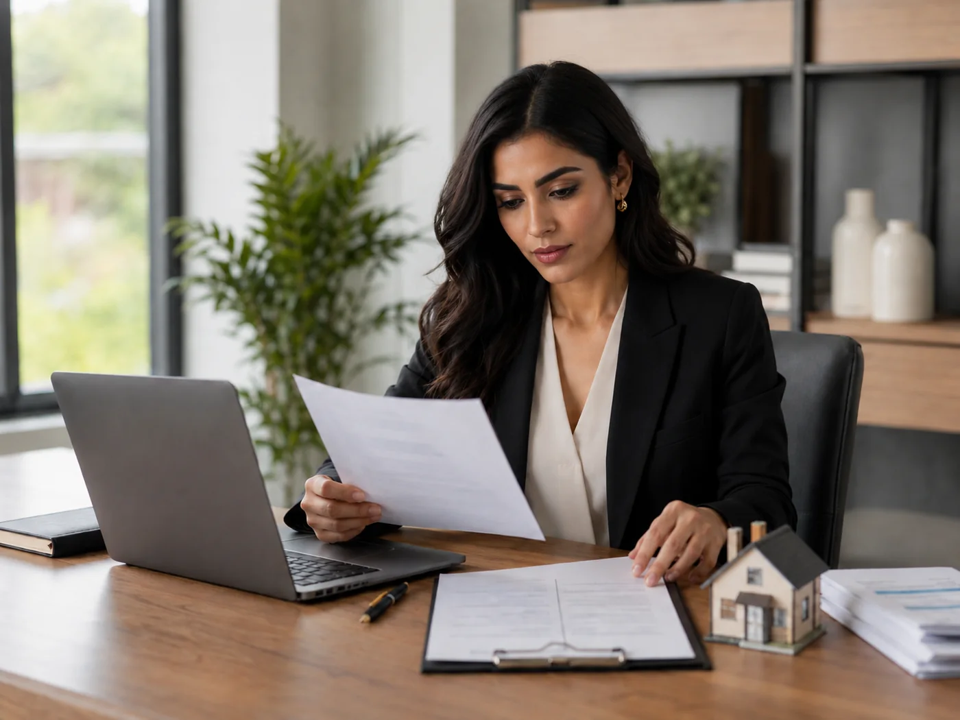 Professionnelle de l’immobilier analysant un bail et des documents locatifs pour reprendre la gestion d’un bien loué