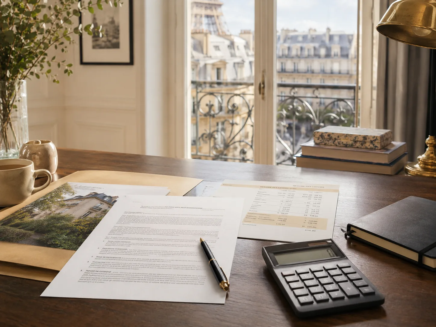 Documents locatifs, bail, loyer et calculatrice sur un bureau parisien pour estimer un bien loué