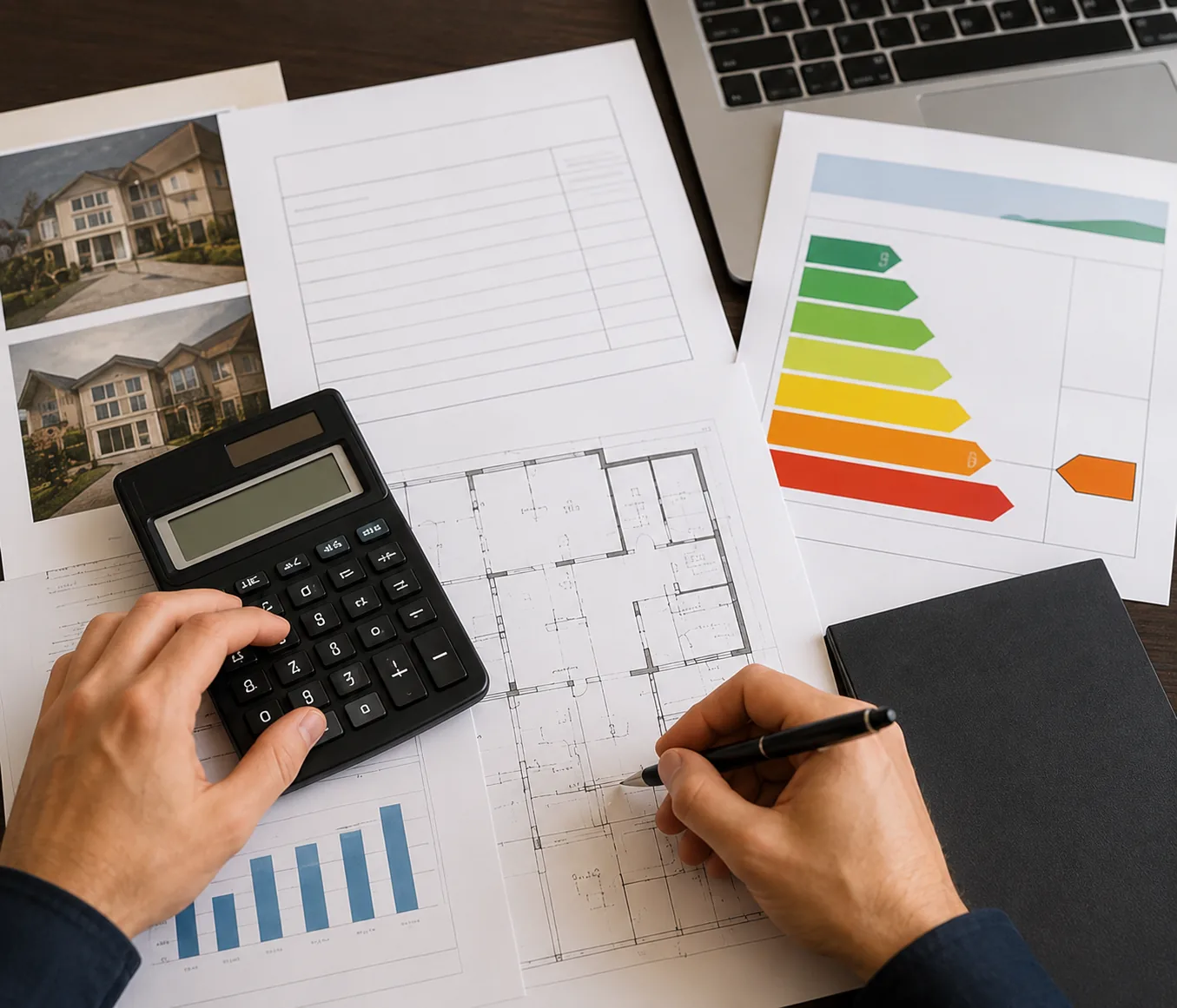 Documents, devis de travaux, plan et DPE sur un bureau pour estimer un bien avec travaux