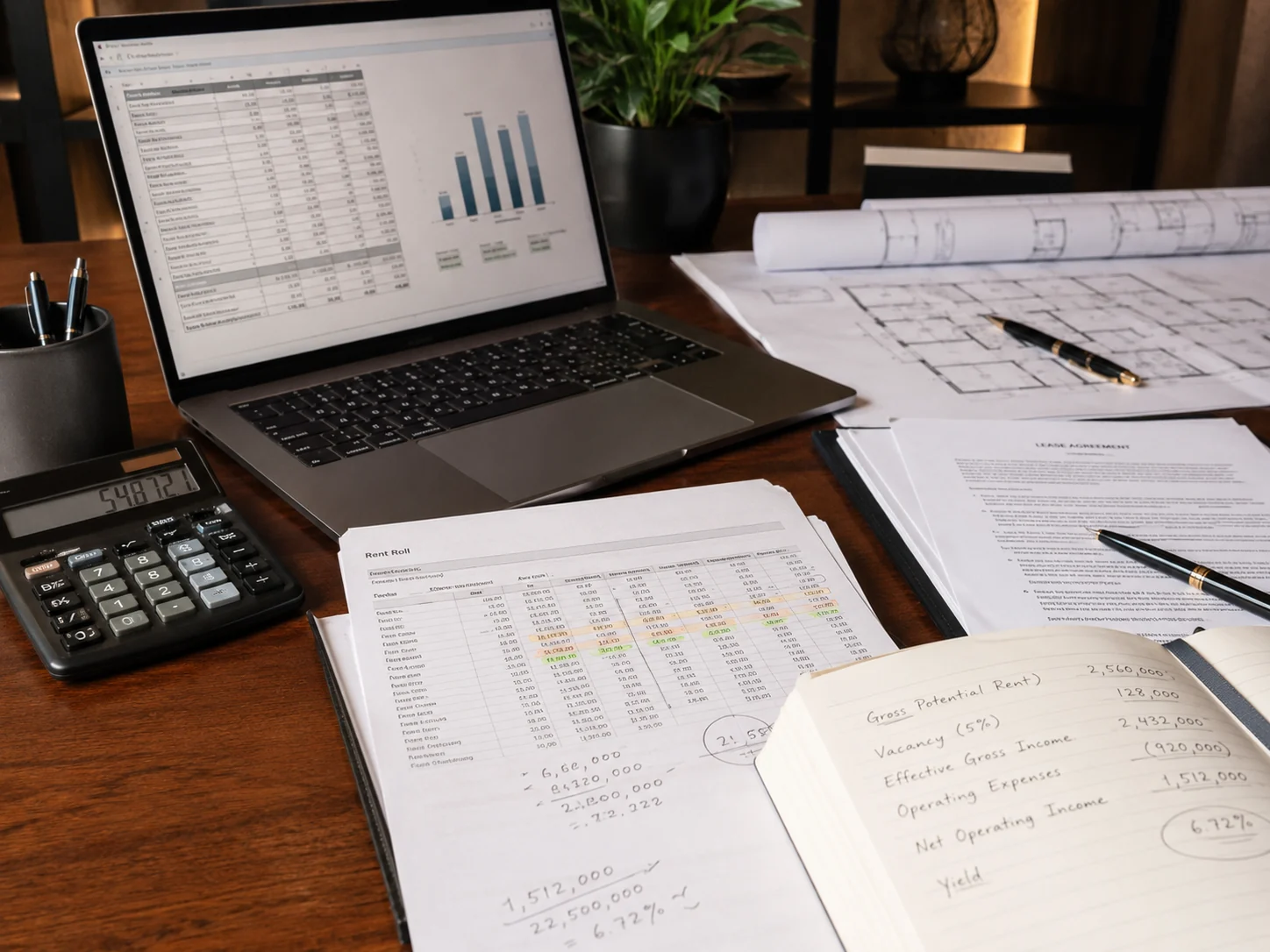 Tableau de loyers, baux, plans et calculatrice pour estimer un immeuble de rapport