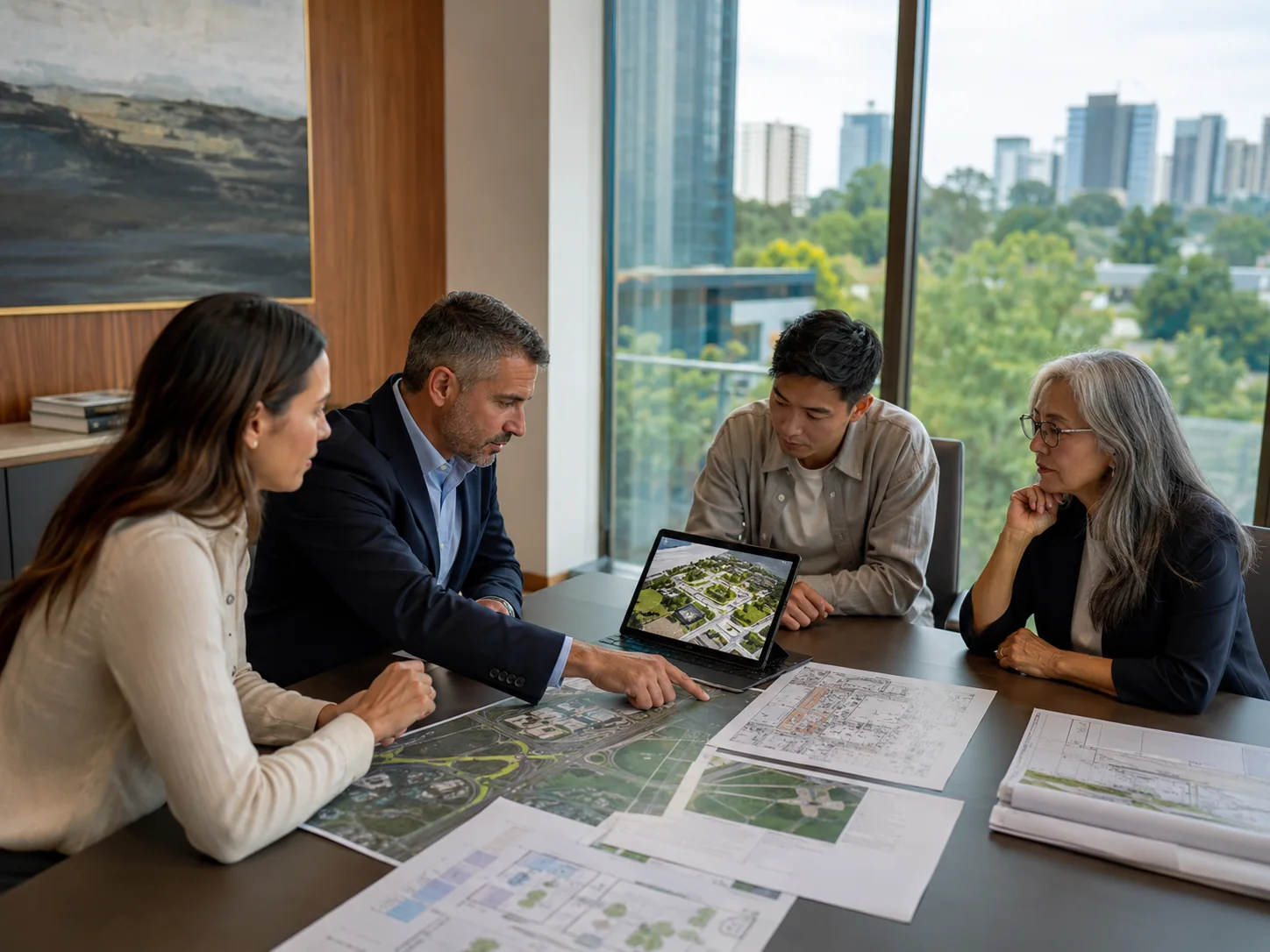 Réunion autour de plans d’urbanisme pour évaluer la constructibilité et le potentiel d’un terrain
