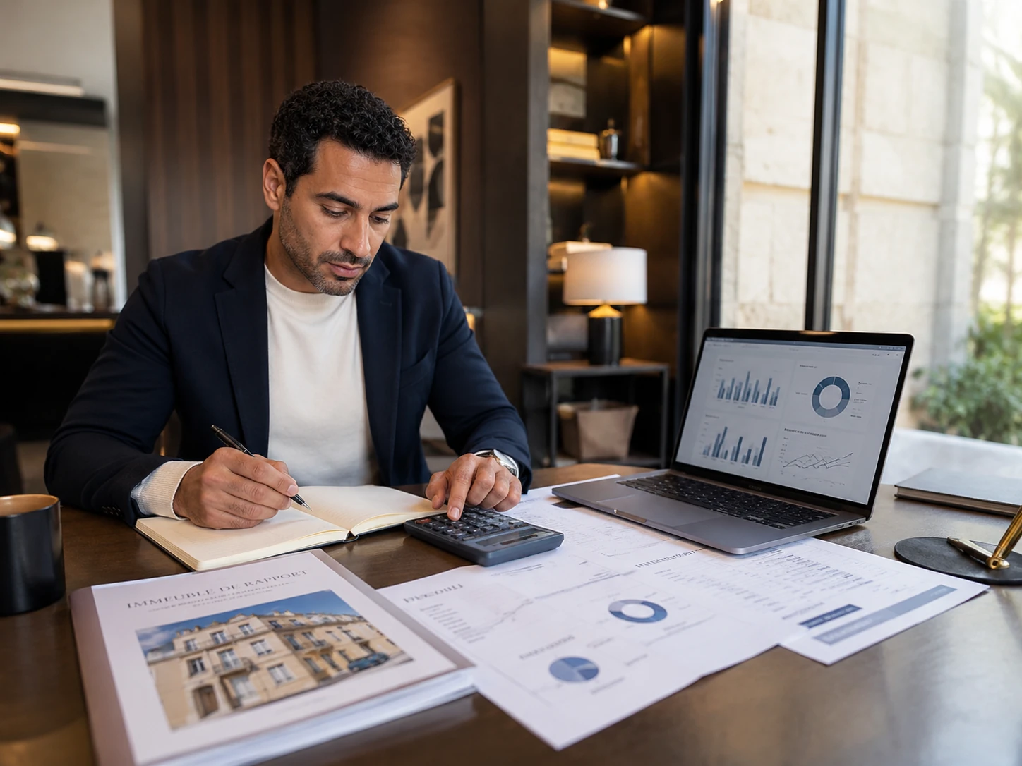 Investisseur analysant la rentabilité locative d’un bien occupé avec documents, calculatrice et ordinateur
