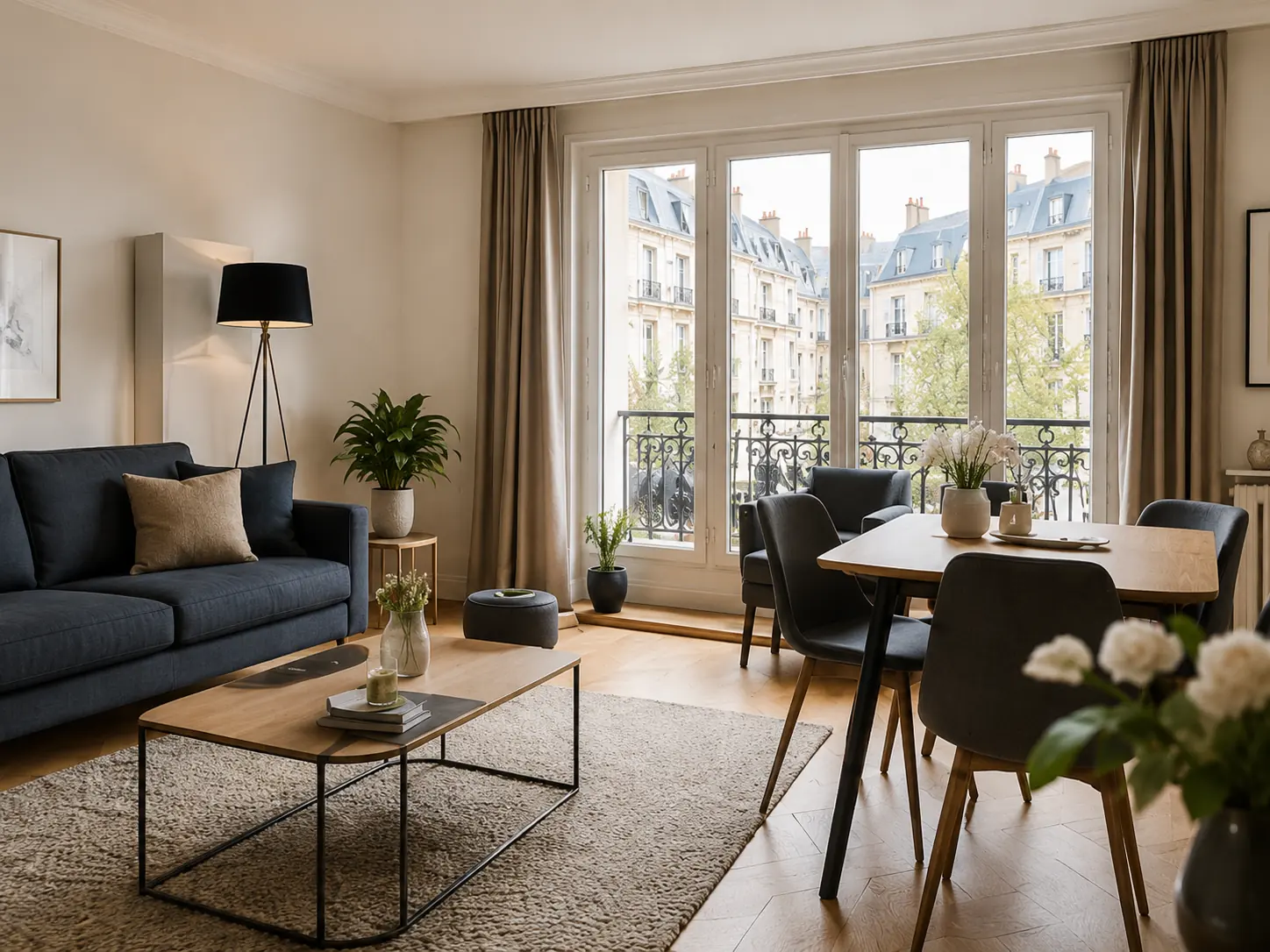 Salon lumineux d’un appartement en copropriété avec grandes fenêtres, vue sur immeubles parisiens et intérieur soigné