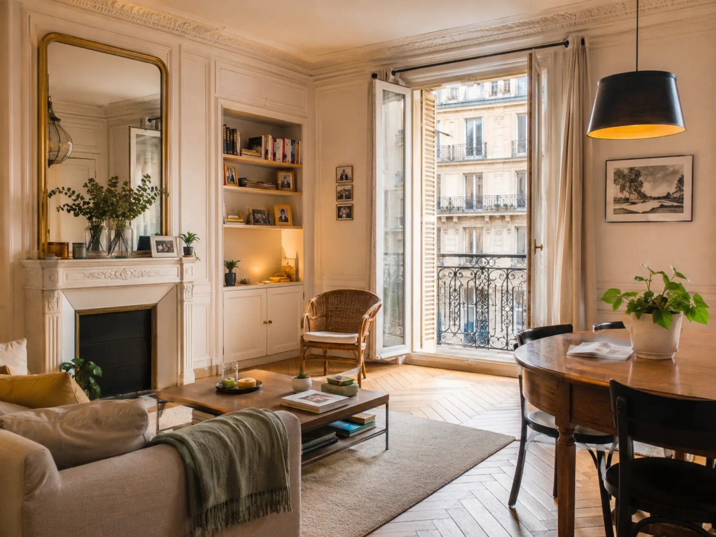 Salon parisien lumineux, propre et bien entretenu, illustrant un appartement loué valorisable