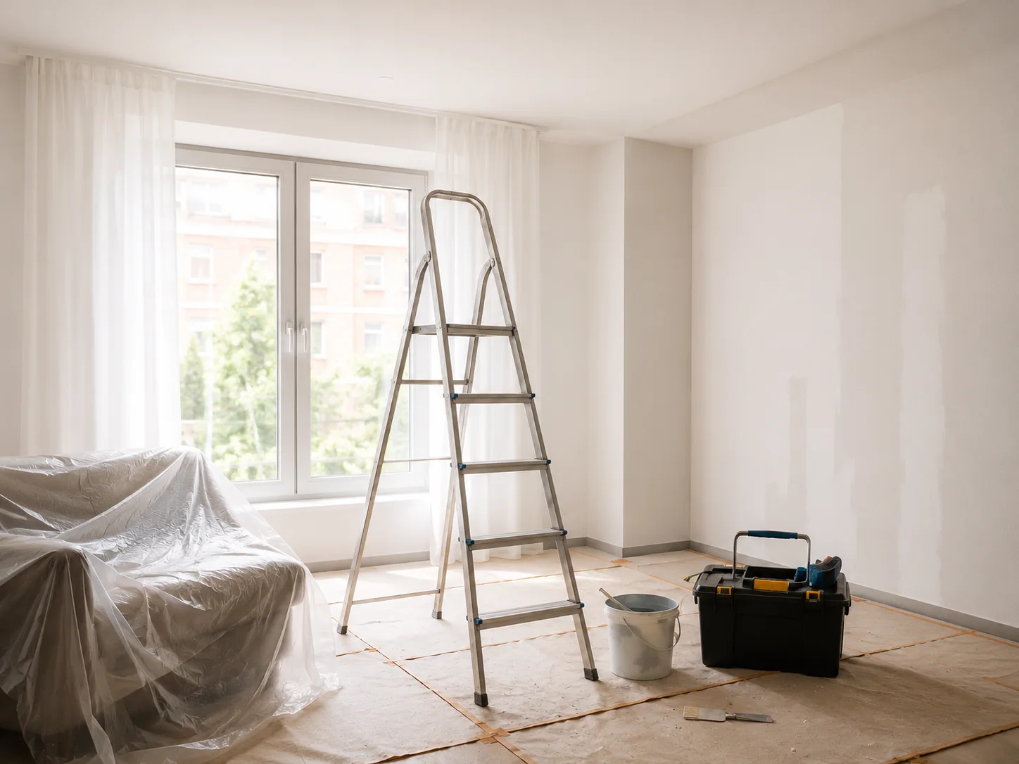 Pièce en rénovation avec échelle et protections dans un appartement loué