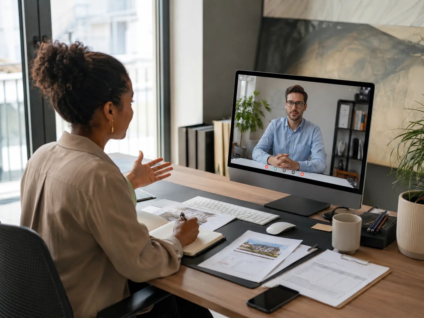 Associée de SCI en visioconférence avec un conseiller pour suivre la gestion locative d’un bien à distance
