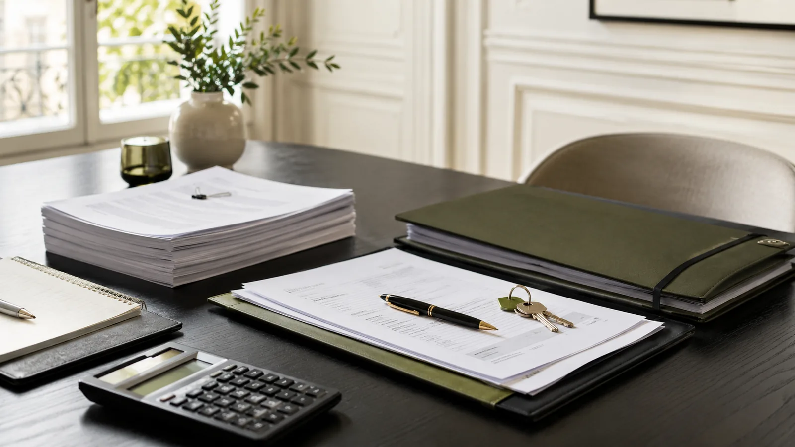 Dossiers de gestion locative, bail, clés et calculatrice sur un bureau élégant