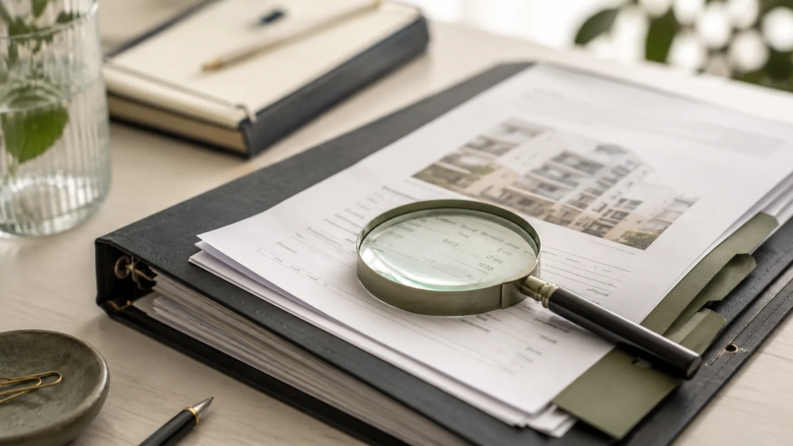 Loupe posée sur un dossier de gestion locative pour analyser un bien loué