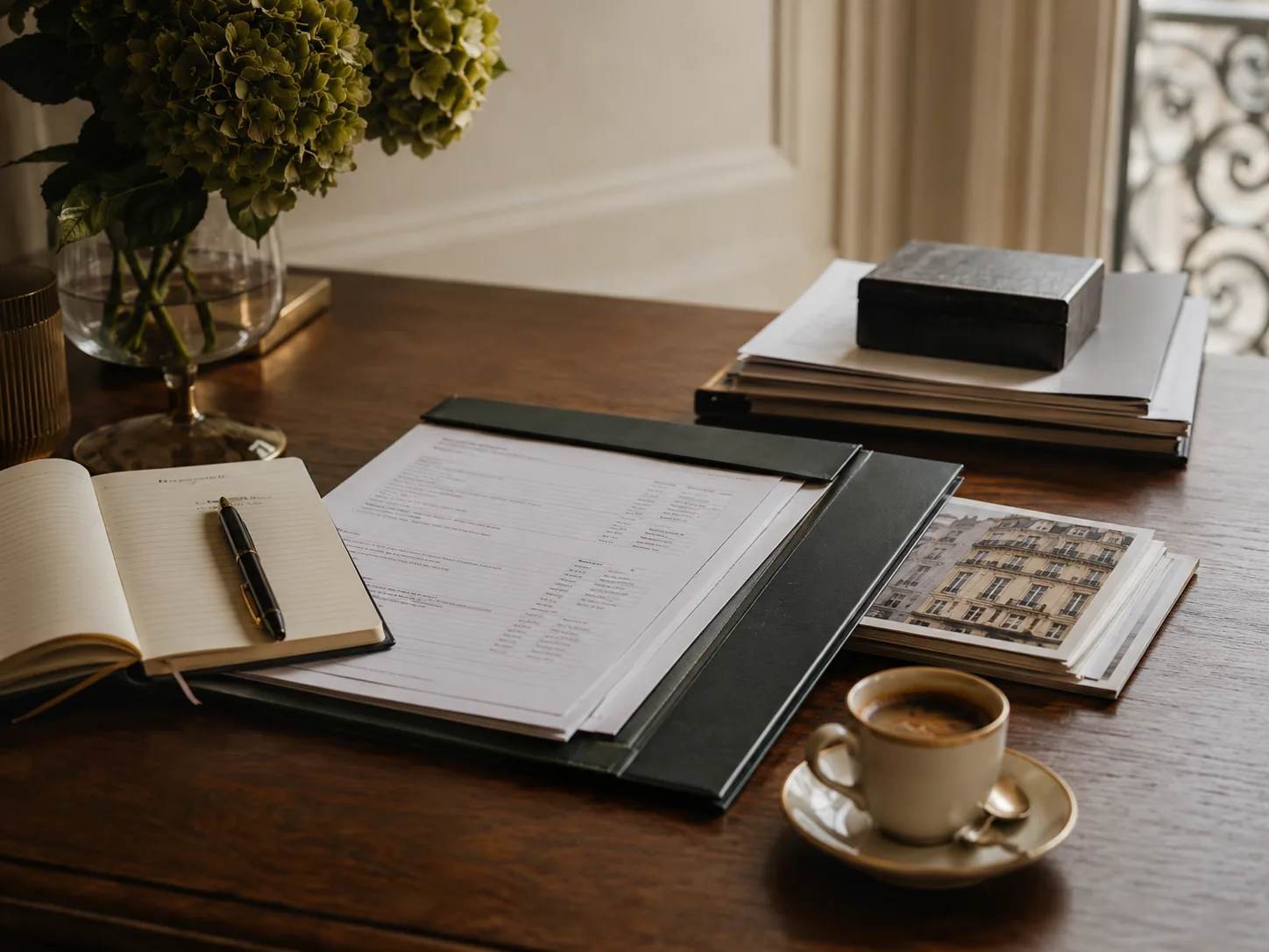 Dossier d’audit de gestion locative avec bail, mandat, documents de gestion et café sur un bureau élégant