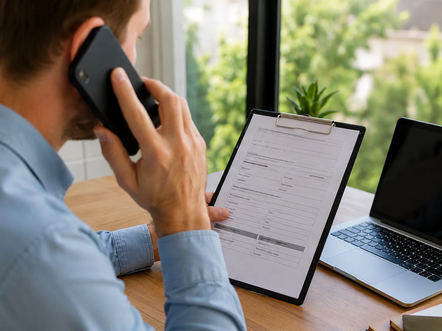 Gestionnaire locatif au téléphone avec un document de suivi sur tablette dans un bureau moderne