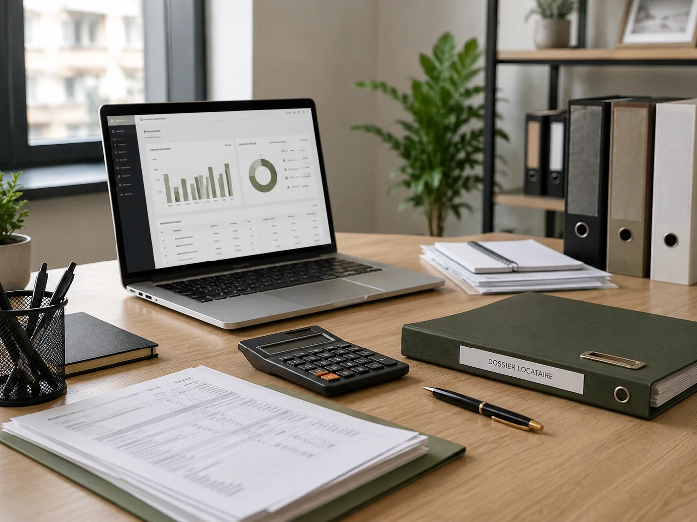 Bureau avec ordinateur, calculatrice, dossier locataire et documents de gestion locative