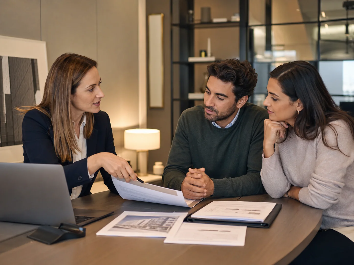 Conseillère immobilière échangeant avec deux associés d’une SCI autour d’un dossier de gestion locative