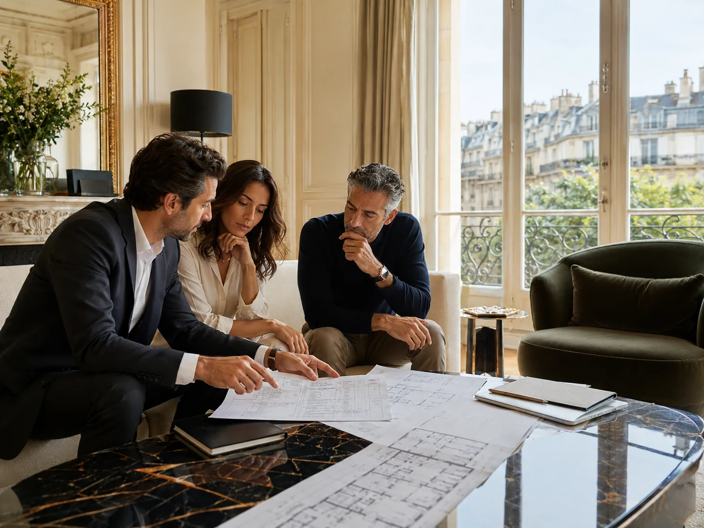 Propriétaires en rendez-vous avec un conseiller pour estimer un immeuble de rapport