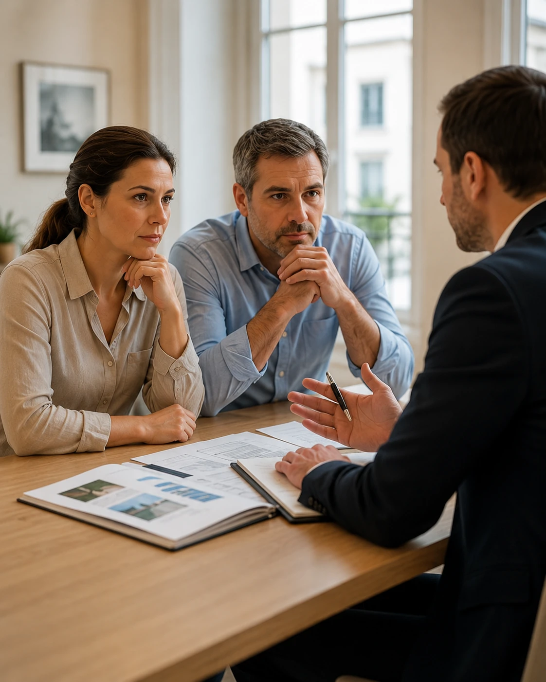 Couple de propriétaires en rendez-vous de conseil immobilier pour une estimation en séparation