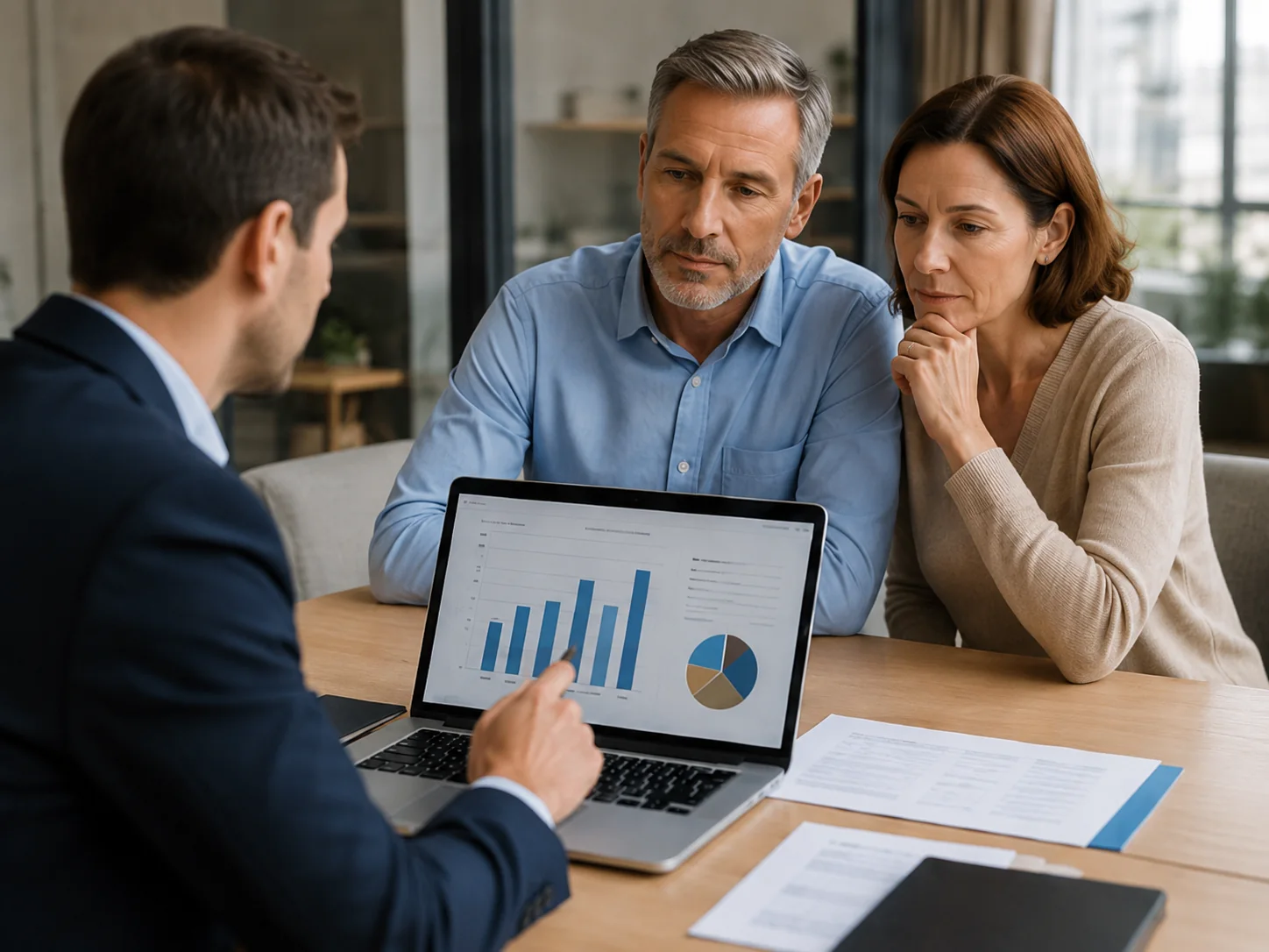 Agent immobilier présentant des graphiques à des propriétaires pour expliquer l’impact des charges sur la valeur d’un bien