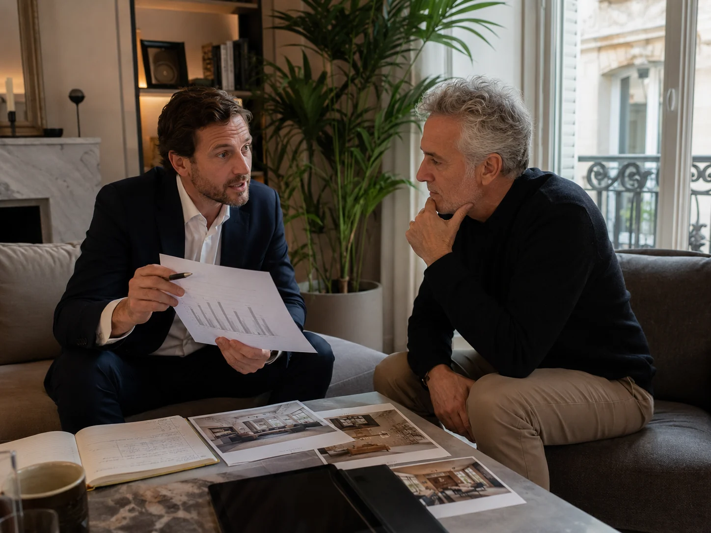 Agent immobilier analysant une stratégie de repositionnement avec un propriétaire vendeur