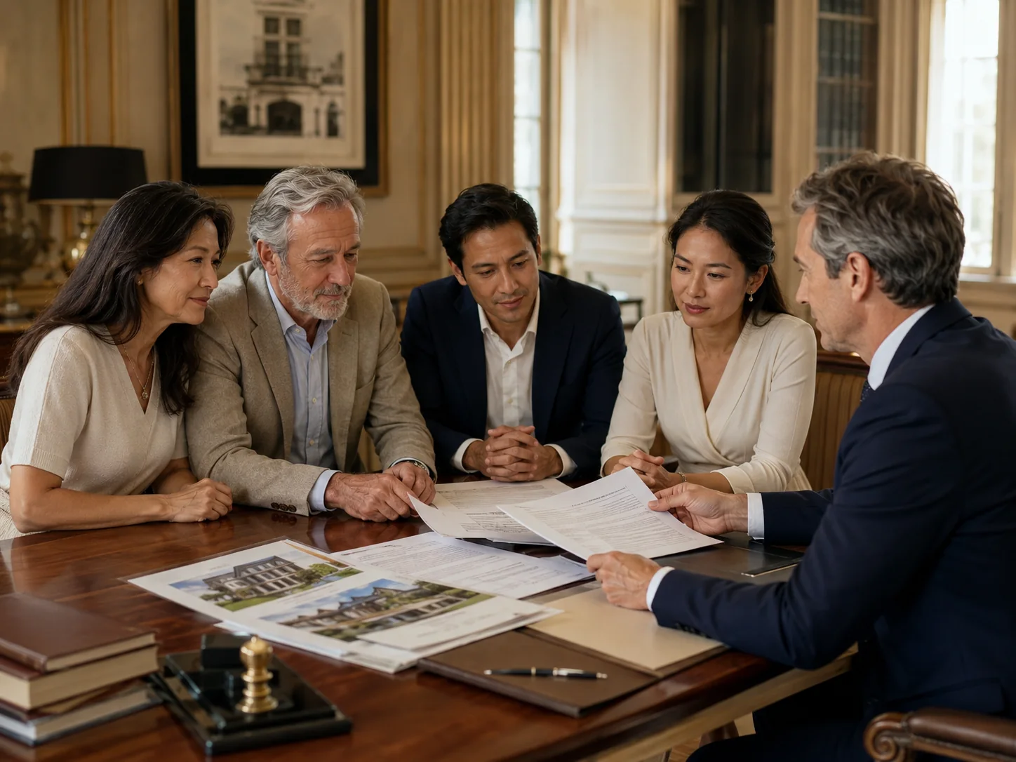 Famille réunie avec un notaire autour de documents officiels pour préparer une donation immobilière