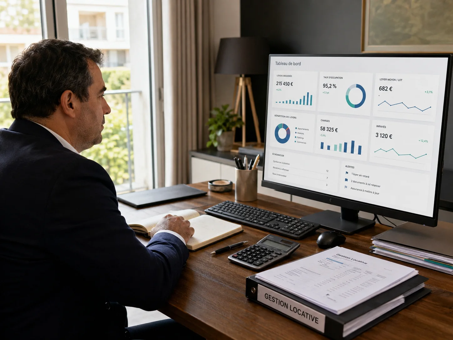 Gérant de SCI consultant un tableau de bord de gestion locative avec loyers, charges et alertes