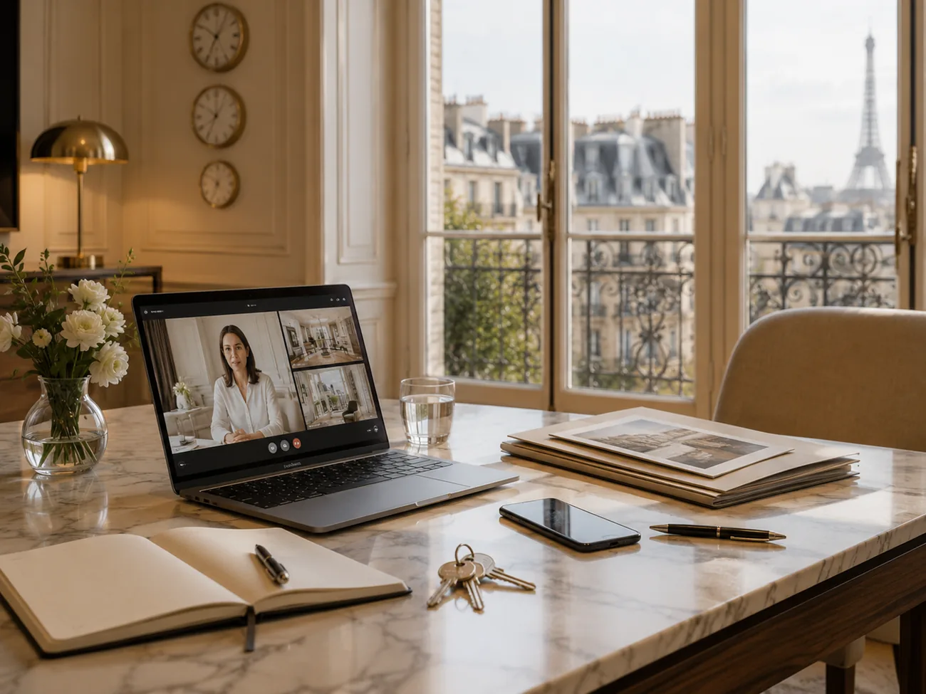 Gestion locative à distance avec ordinateur en visioconférence et documents immobiliers