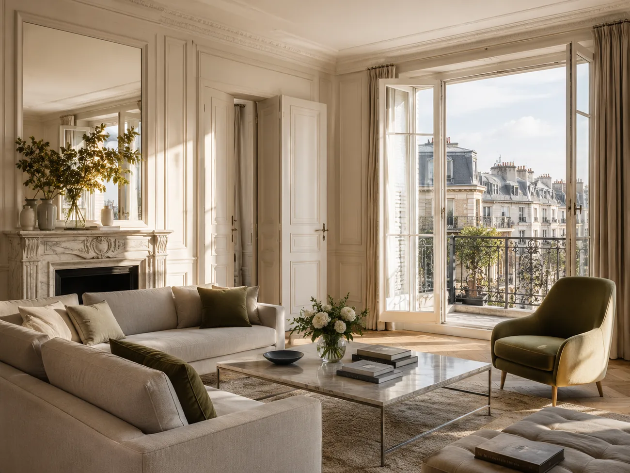 Salon parisien haut de gamme avec moulures, cheminée et balcon lumineux