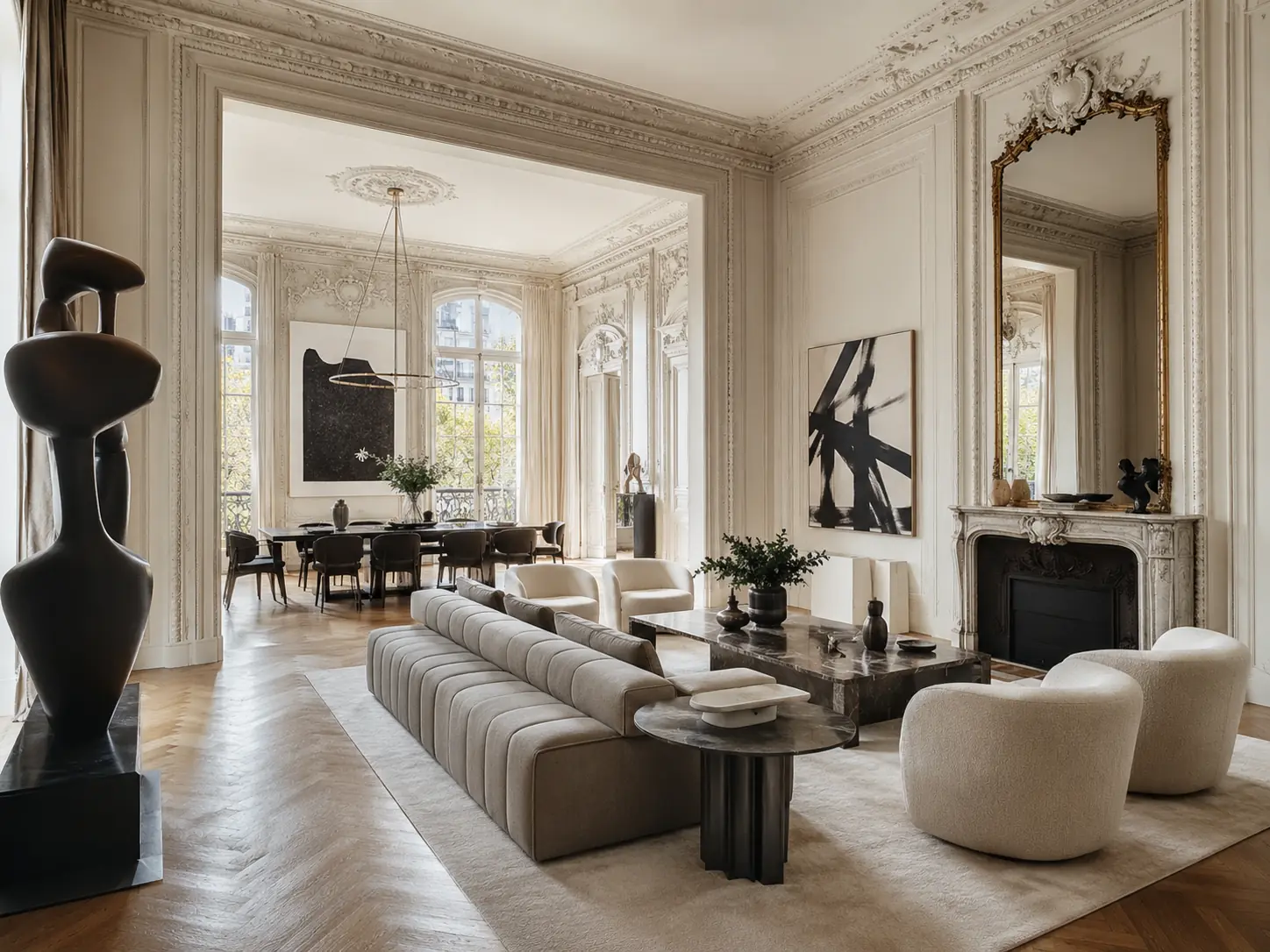 Salon d’hôtel particulier avec grande hauteur sous plafond, moulures, cheminée et œuvre d’art monumentale