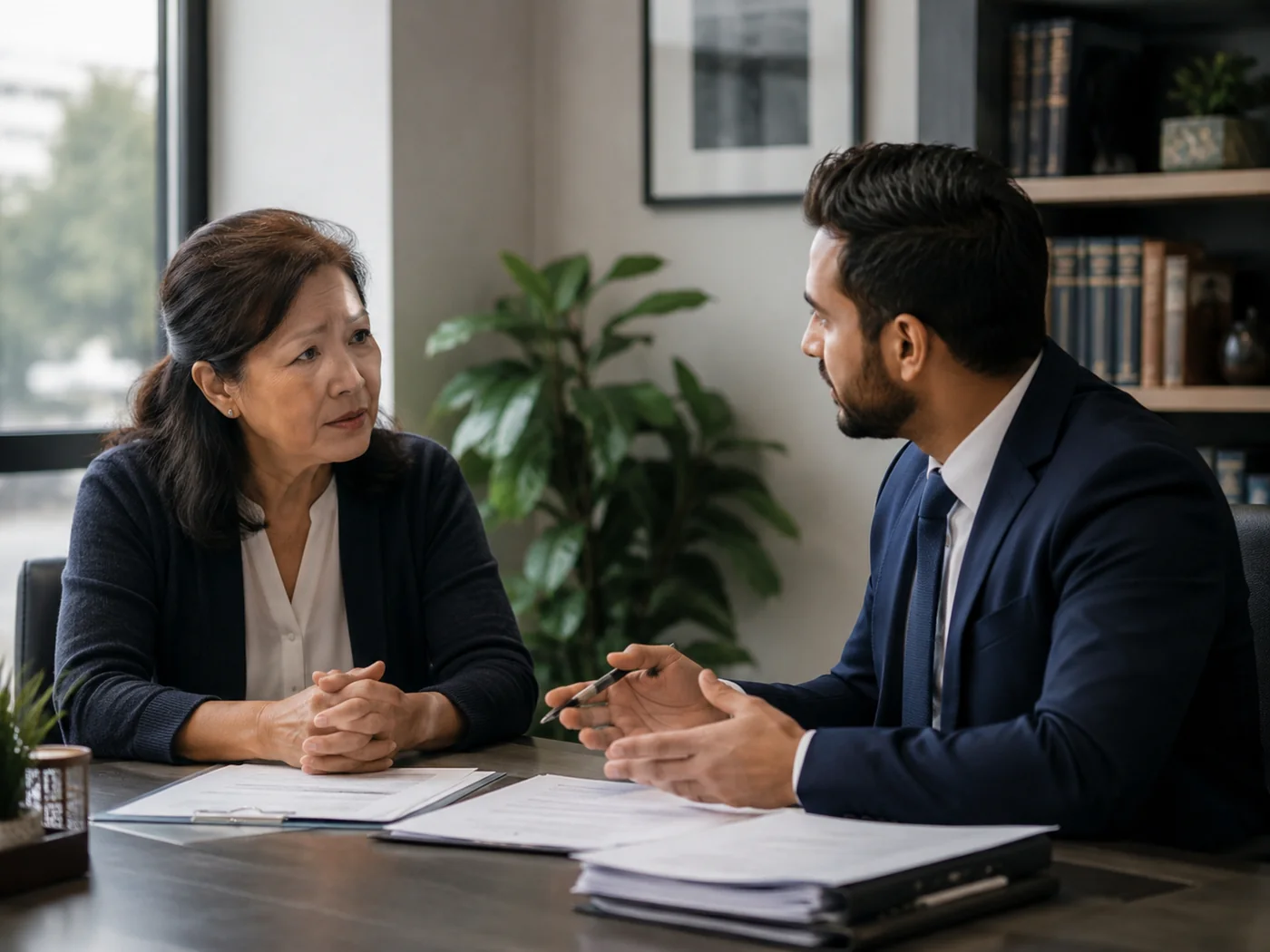 Propriétaire échangeant avec un conseiller en gestion locative au sujet d’un impayé de loyer