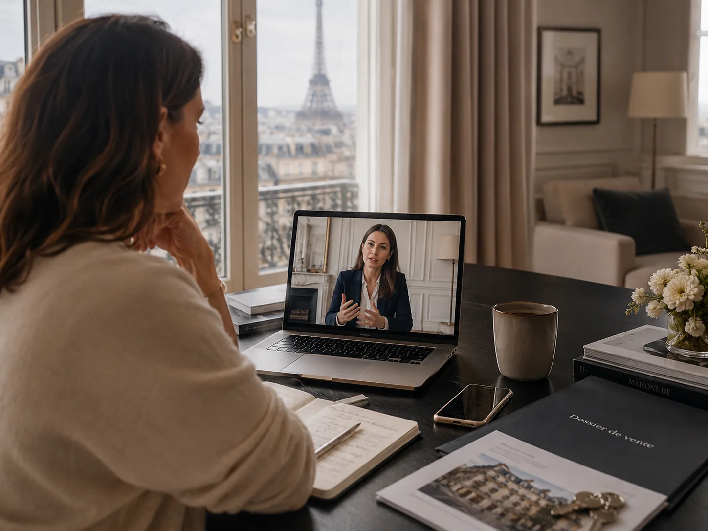 Indivisaire éloigné participant à une vente immobilière en visioconférence