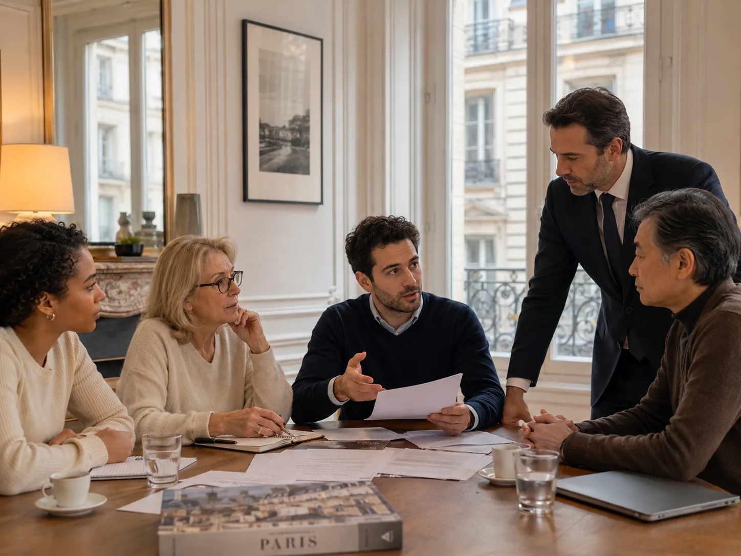 Plusieurs héritiers réunis avec un conseiller immobilier pour organiser une vente par lots